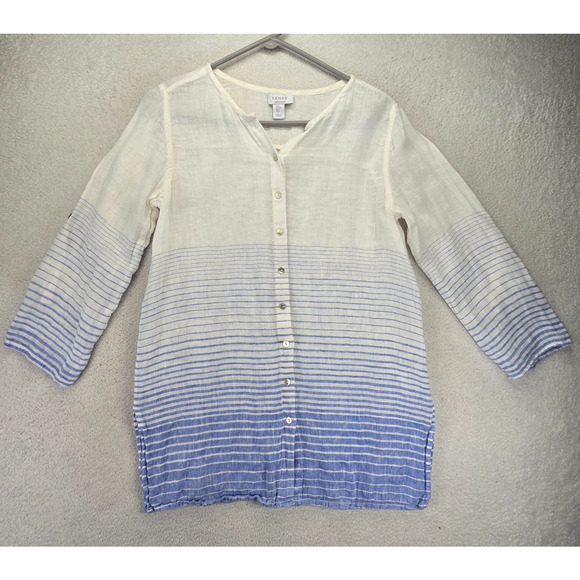 Kenar Button Up Tunic Top Womens S Linen White Blue Stripes 3/4 Sleeve Roll-Tab - Picture 1 of 8